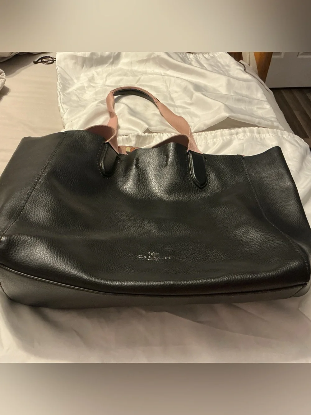 Coach Black Leather Tote with Pink Web Handles